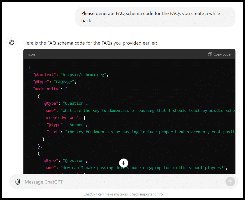 Screenshot of ChatGPT generating FAQ schema code for a website. Dark background with code in various colors.