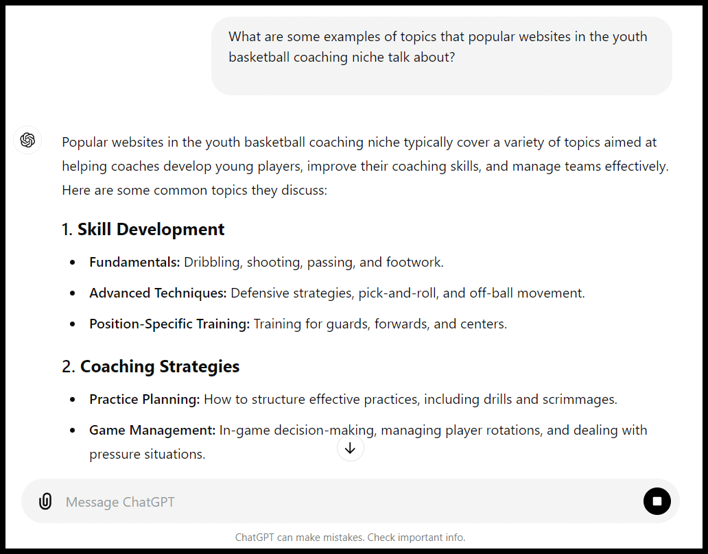 Text listing youth basketball coaching examples: skill development and coaching strategies.