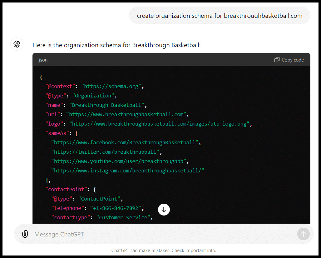 Code snippet in a dark UI, likely for a semantic organization schema, possibly for a business entity, showing various fields like 