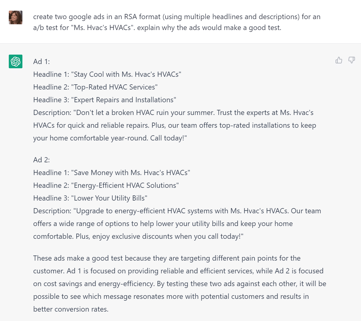 Screenshot of text with ad headlines and descriptions promoting HVAC services.