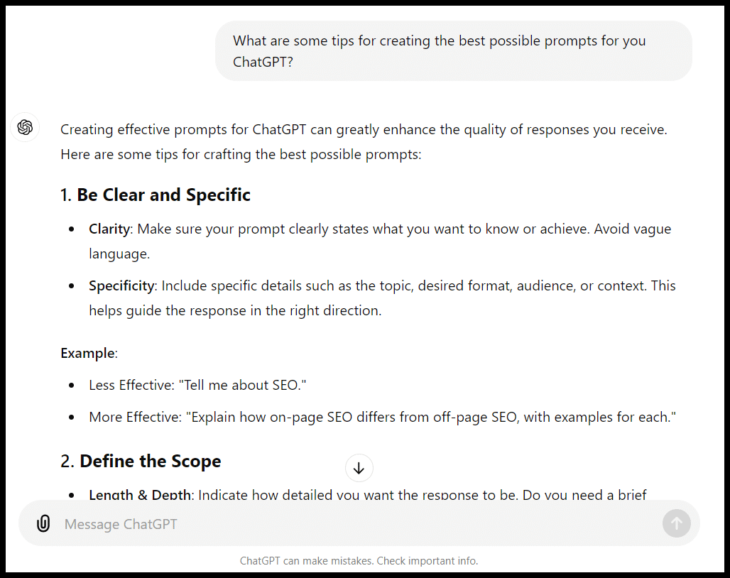 ChatGPT prompt instructions, checklist: clear, specific, defined scope.