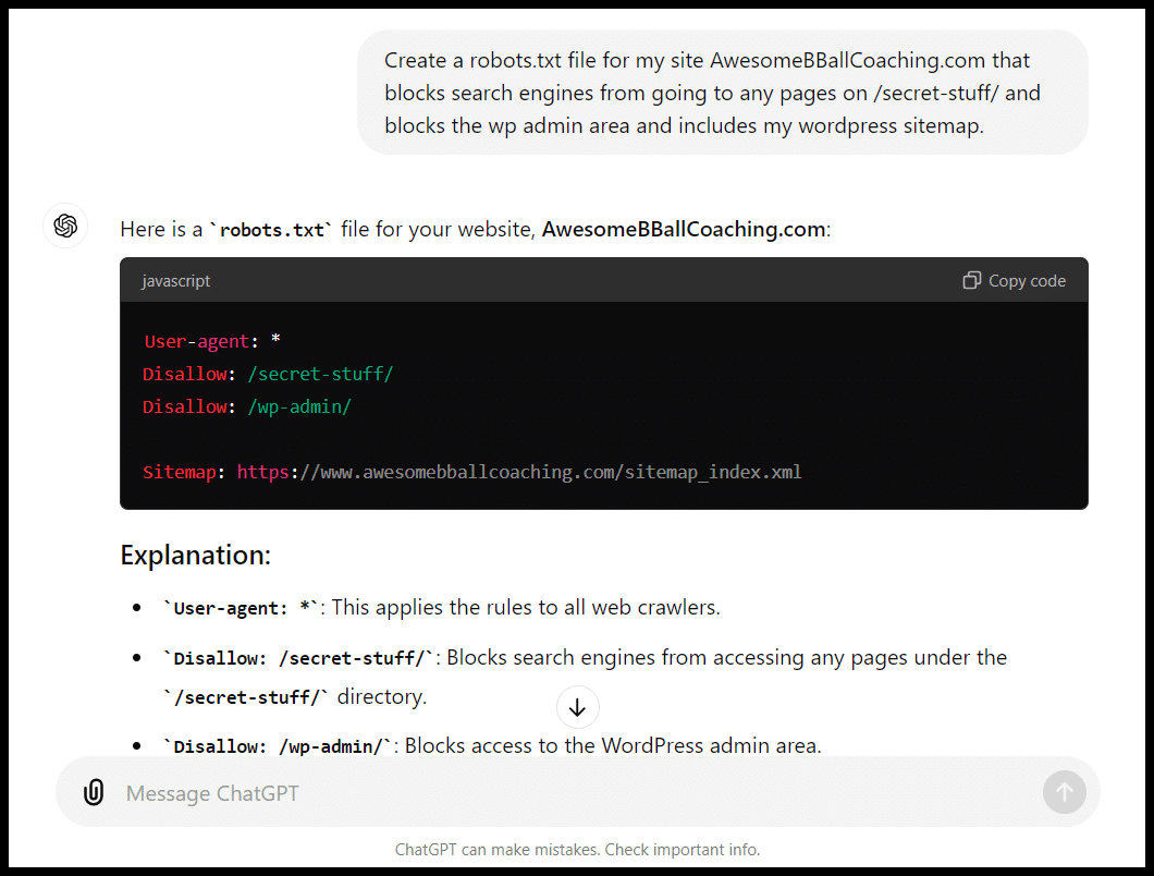 Screenshot of code to block search engine crawlers; includes instructions, explanation, and URL.