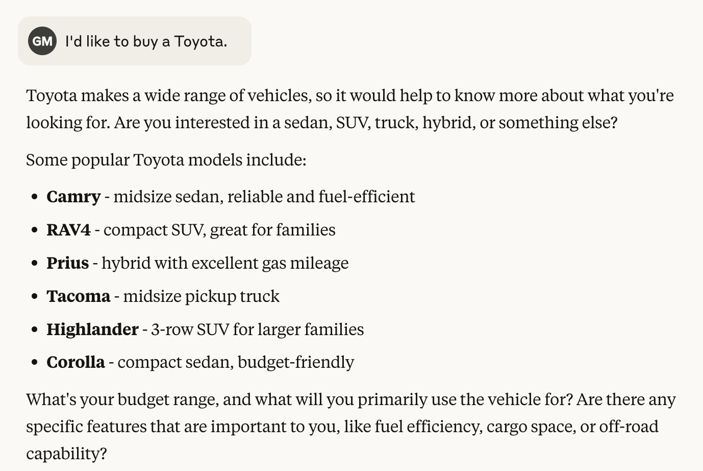 Conversation discussing buying a Toyota, with options like Camry, RAV4, Prius, and Tacoma.