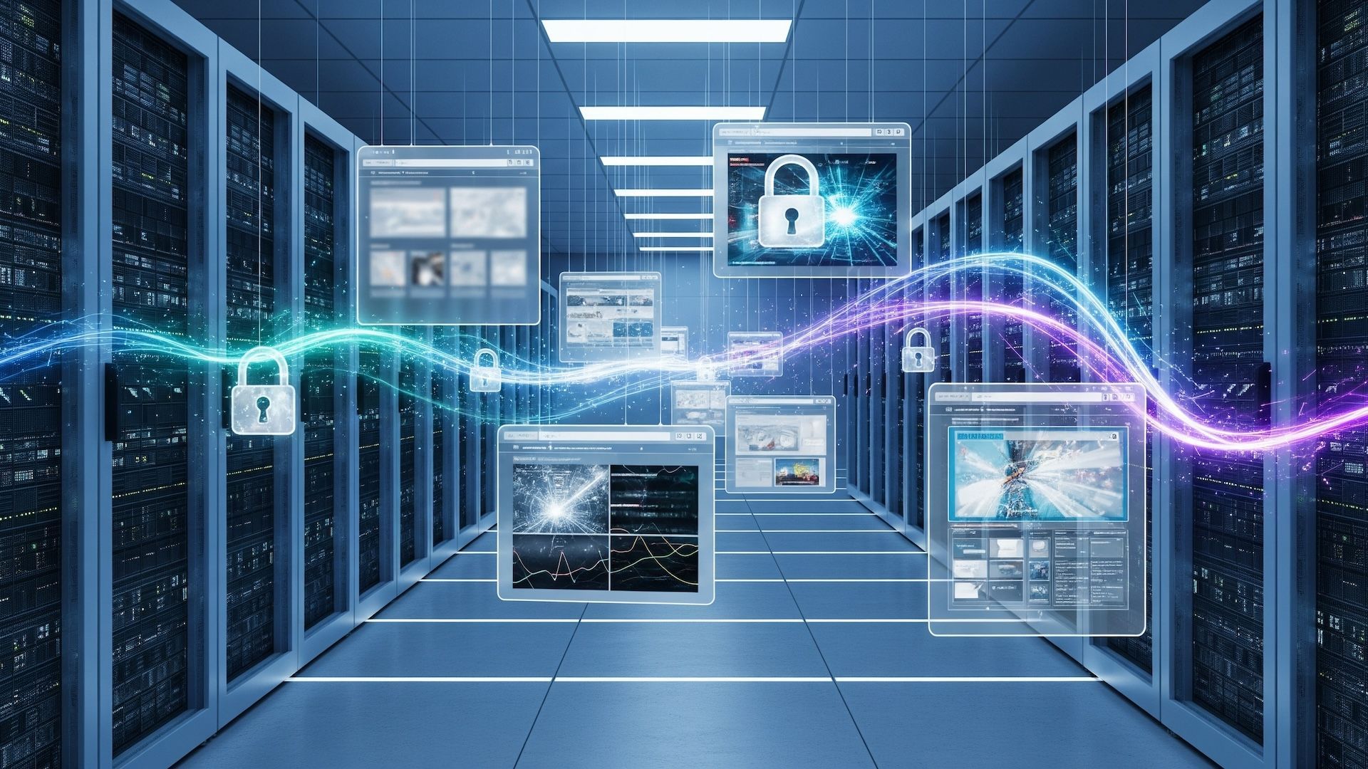 Server room with floating webpage displays, connected by glowing data streams.