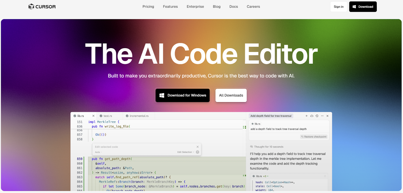 Website promoting an AI code editor with purple, white, and green gradient background and a code editor demo.