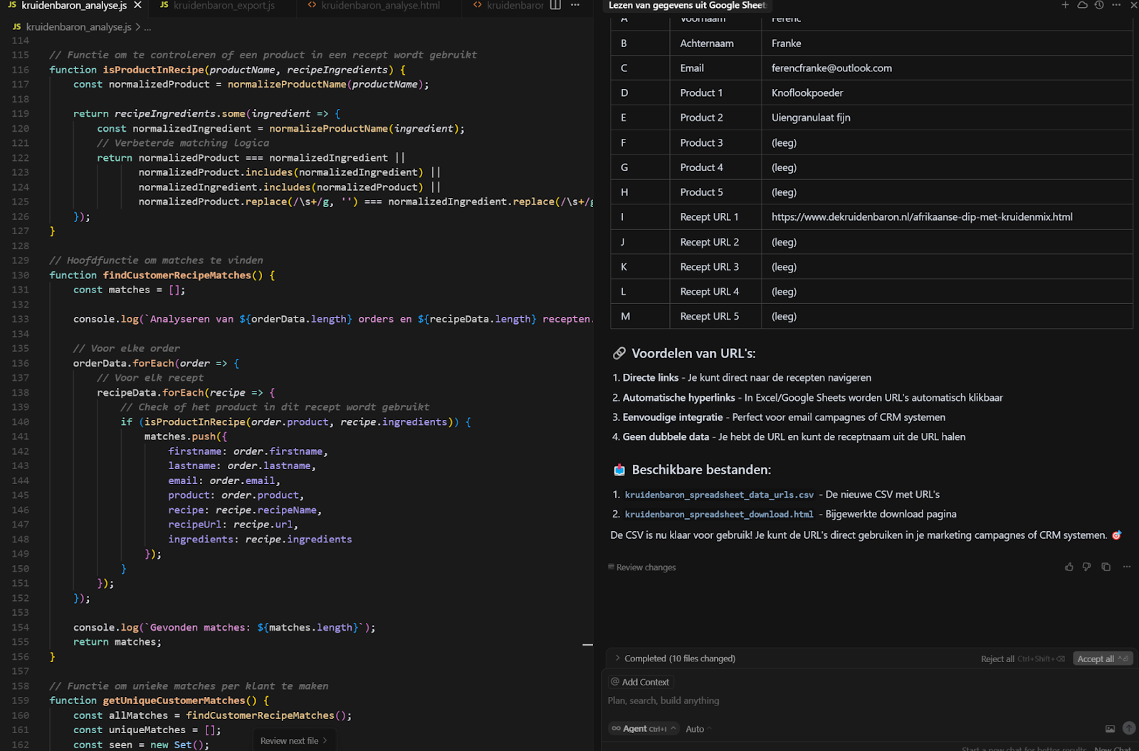 Code editor with dark theme and code, alongside a table and text output.