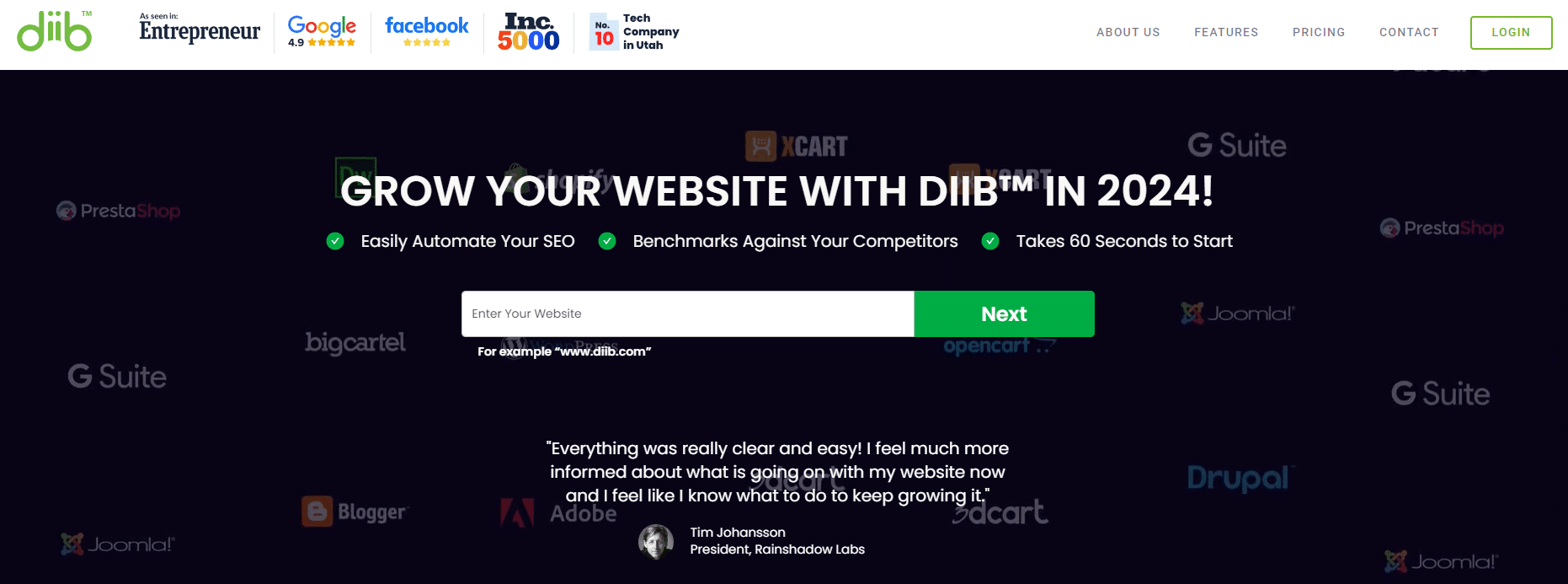 Website promoting growth with DIB in 2024. Includes a form to enter a website address.