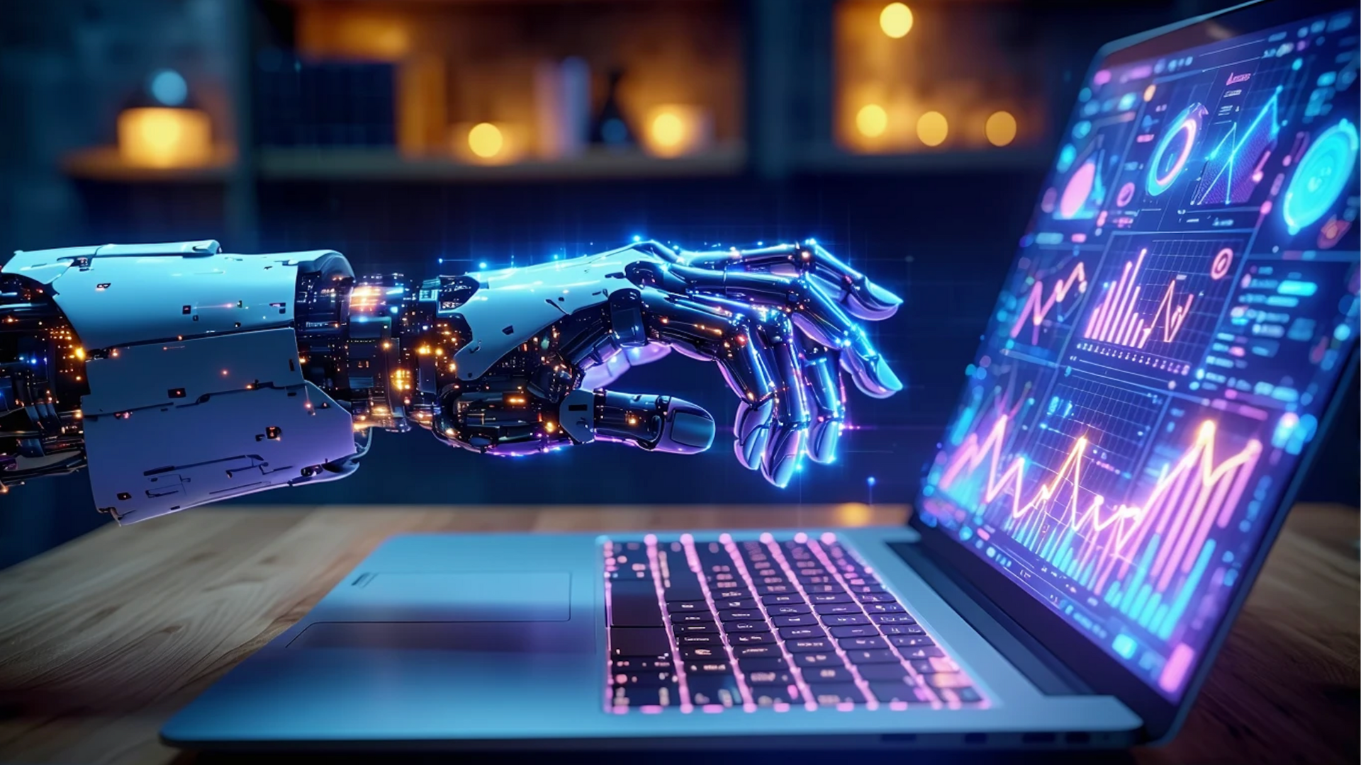 Robot arm interacting with a laptop displaying data visualizations. Blue and pink glowing details.