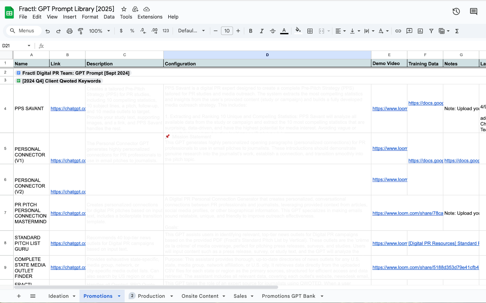 Google Sheets spreadsheet, showing a list with column headings: Name, Description, and Links.