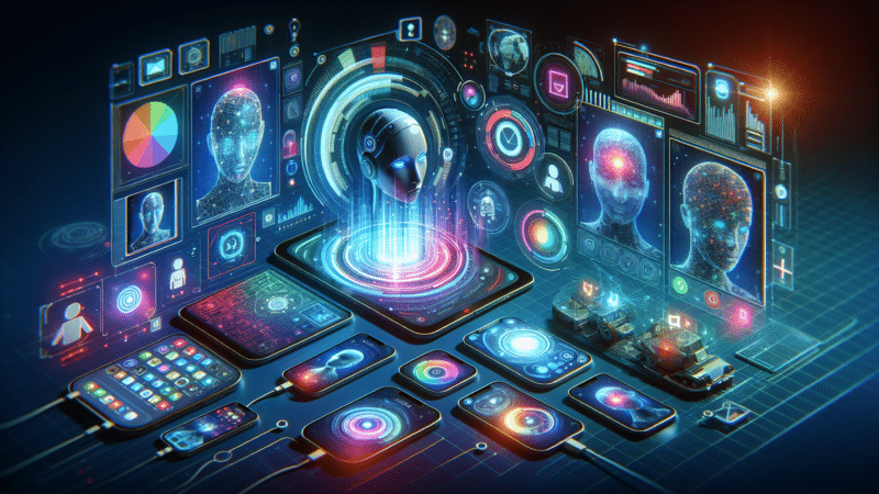 Futuristic tech display with glowing holograms emerging from smartphones, data analysis interface.