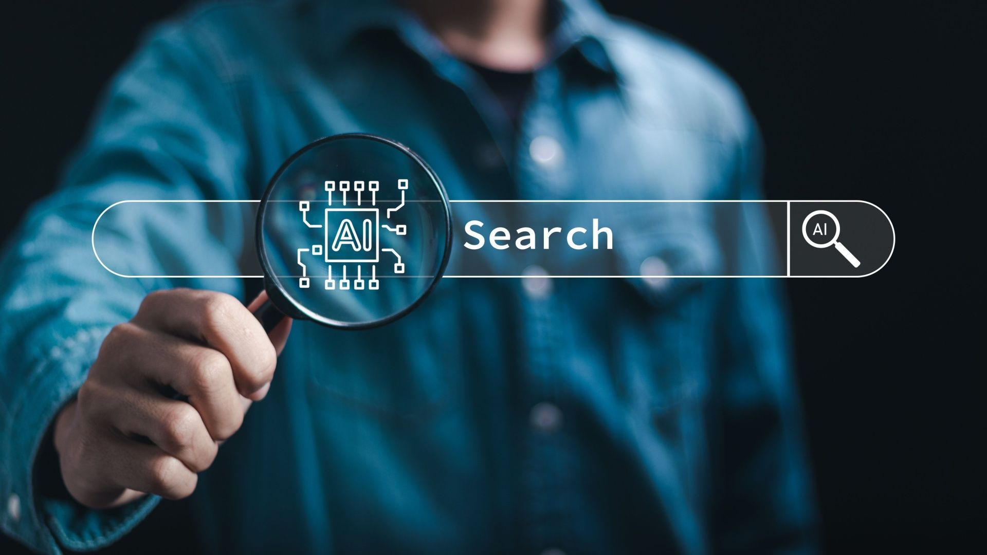 Person holding a magnifying glass over a search bar with a tech circuit graphic.