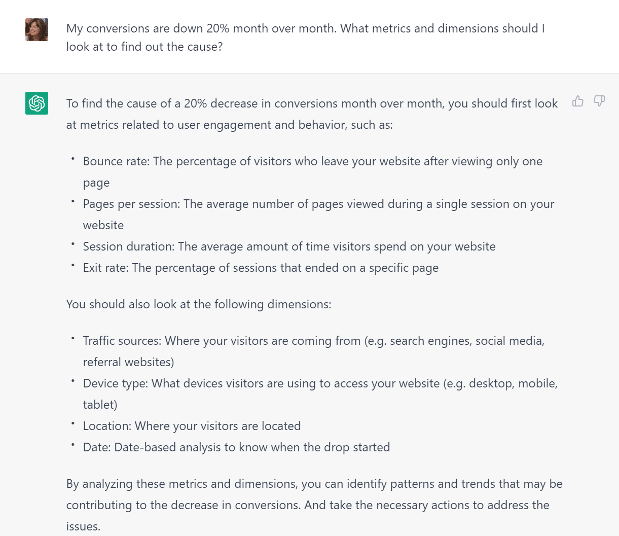 Screenshot of a ChatGPT response analyzing website metrics, discussing bounce rate, session duration, and traffic sources.