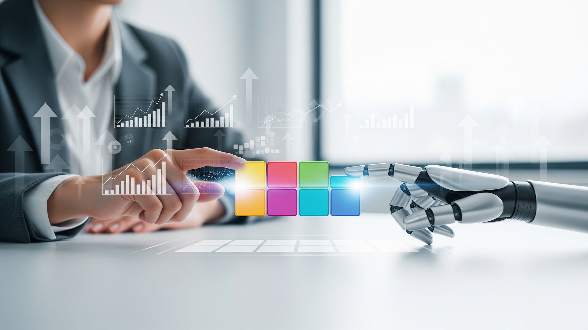 A person and a robot's hand interacting with colorful blocks, financial charts overlay.