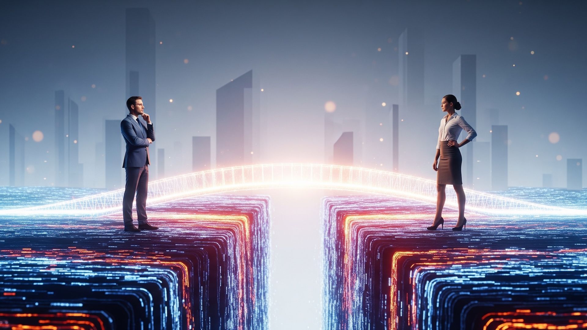 Businesspeople stand across a glowing digital chasm in a futuristic cityscape.
