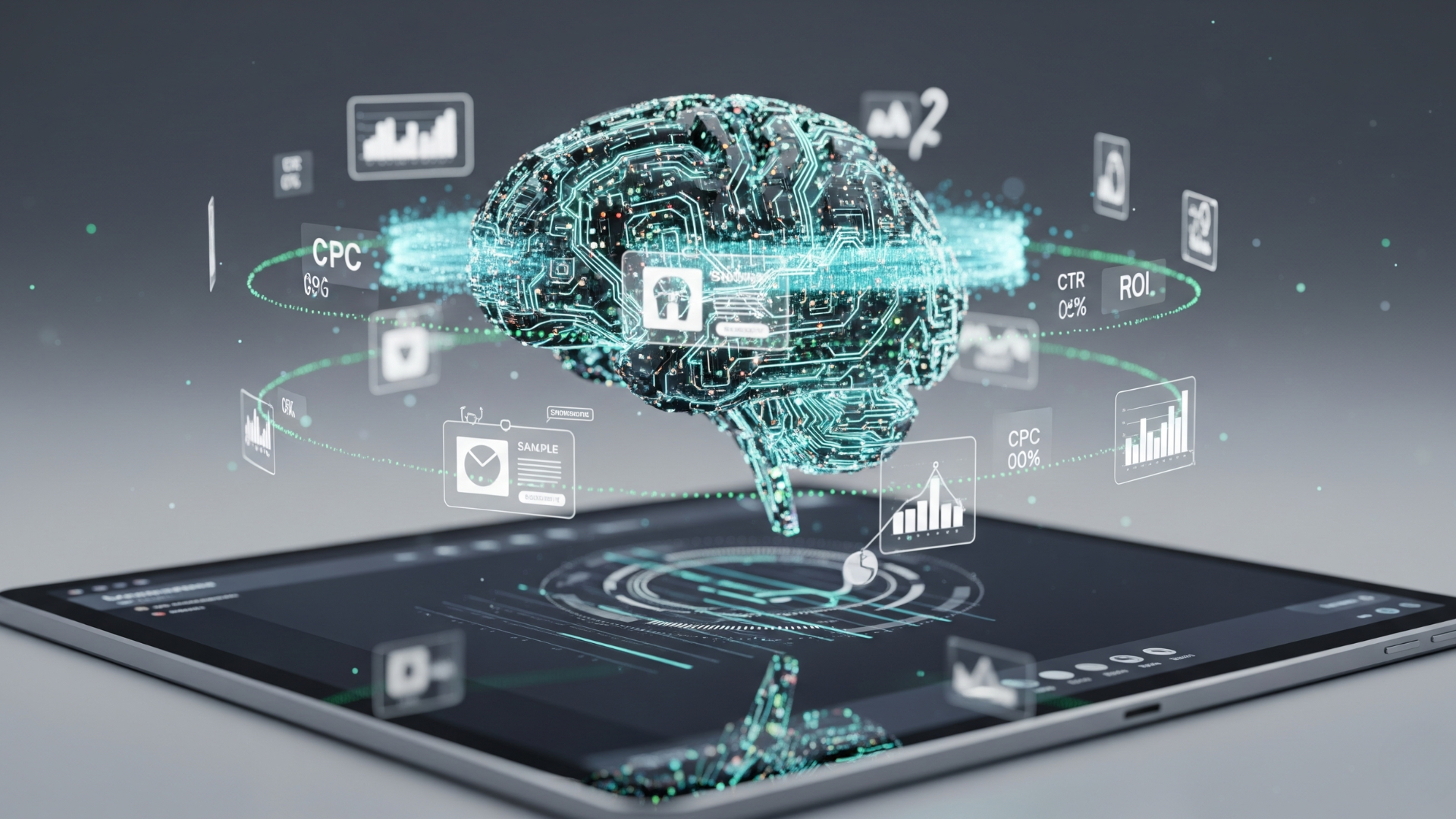 Digital brain graphic floating above a tablet; holographic data surrounds it, symbolizing AI and data processing.