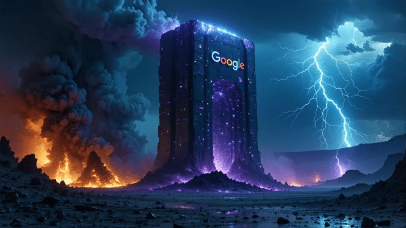 A towering structure with the Google logo, emitting light amidst a stormy, apocalyptic landscape.