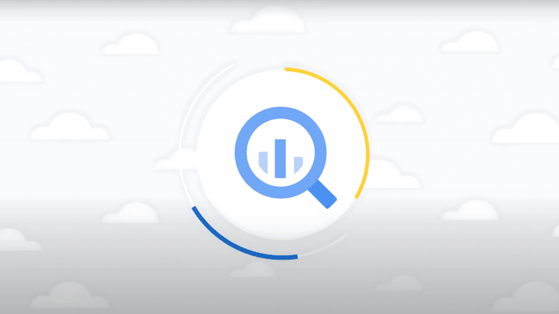 Magnifying glass with chart icon, surrounded by a yellow and blue circle.