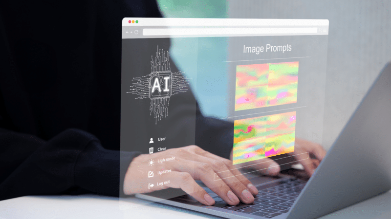 Person typing on laptop, AI interface overlay with image prompts and the word