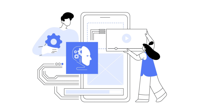 Illustration of people building a mobile app. One holds a gear, another holds a video player icon, and an AI logo is featured.