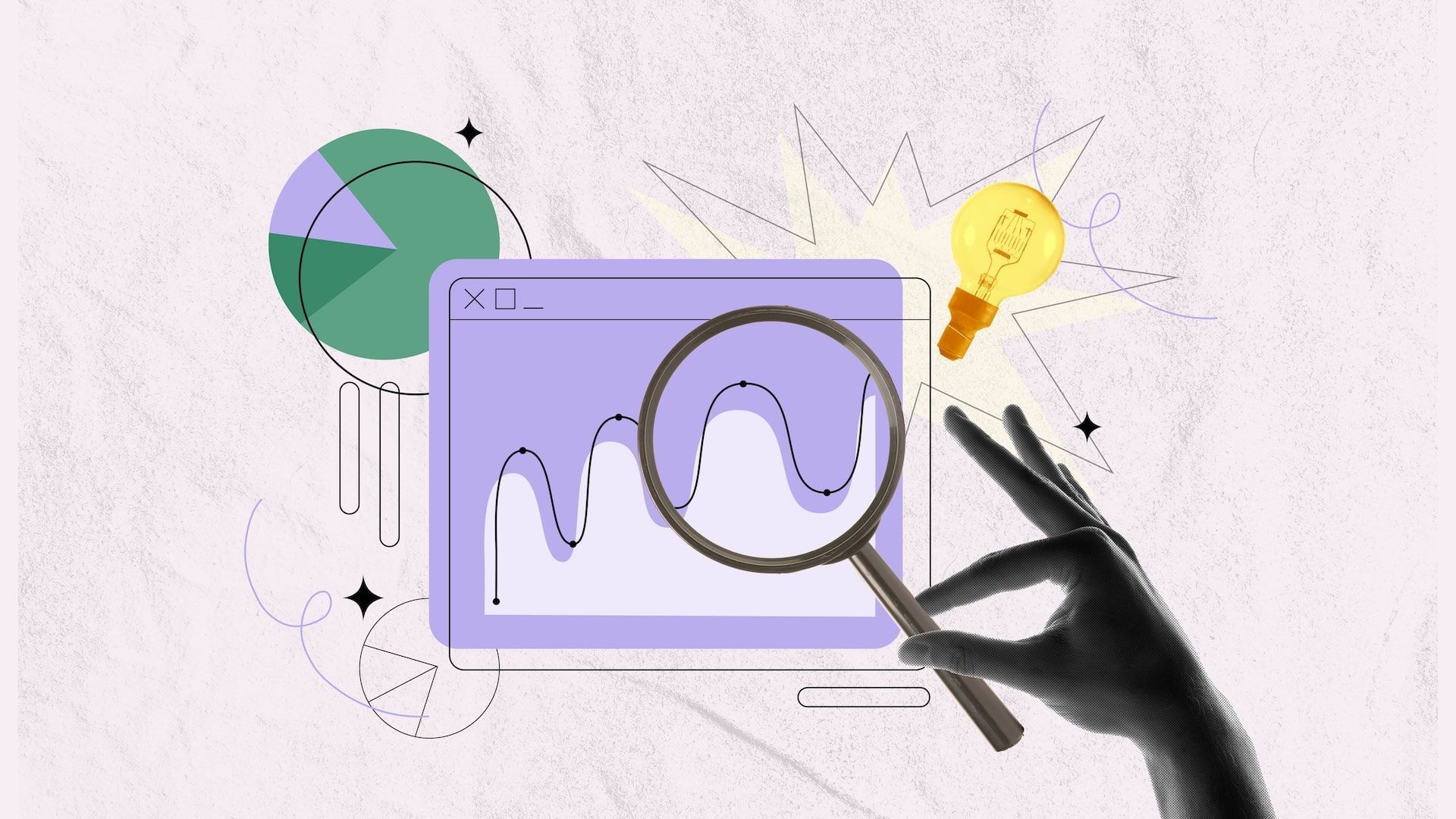 Hand holding magnifying glass over graph, next to pie chart and lightbulb representing data analysis.