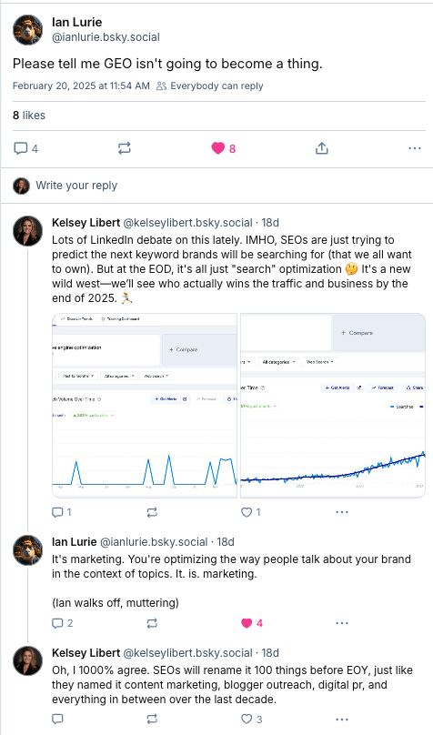 Twitter thread discussing SEO trends. Users debate if 