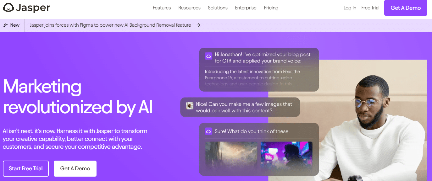 Marketing revolution with AI. Man in glasses working with a purple background.