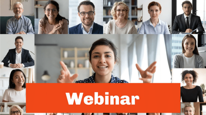 Webinar: Woman presenting to diverse people on a video call; orange bar with 