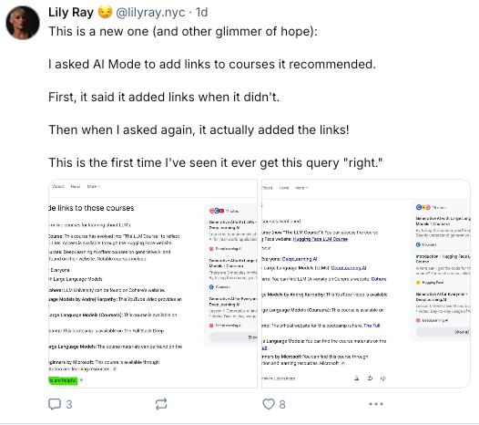A Twitter post shows Lily Ray's excitement. She asked AI mode for course links, and it finally worked.