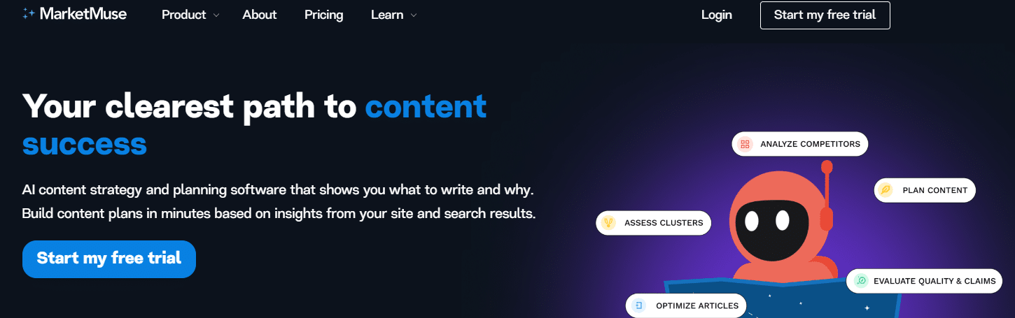 Website landing page featuring a red robot with speech bubbles for content marketing.