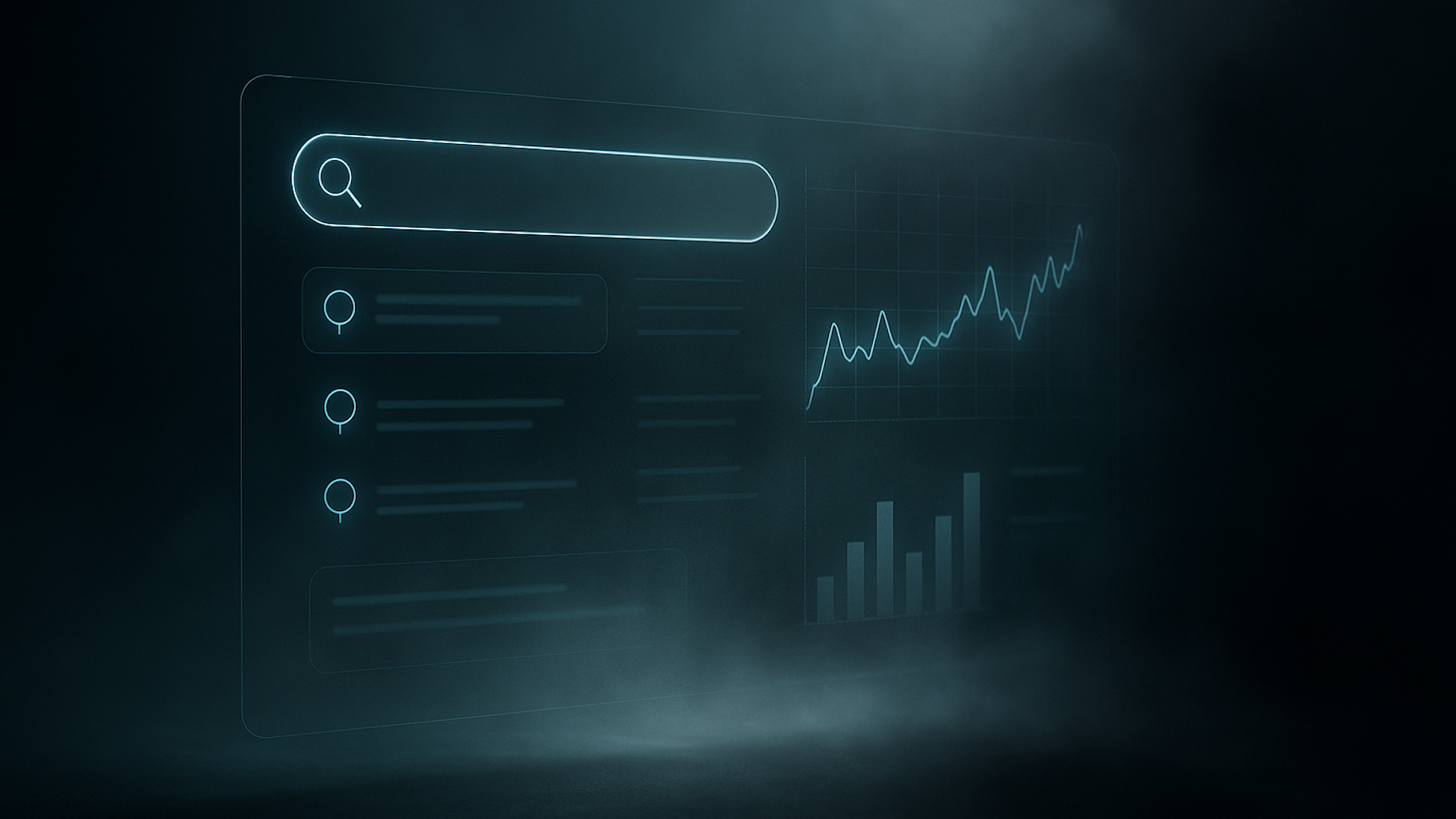 Digital interface with search bar and data visualizations in a blue-toned, foggy setting.