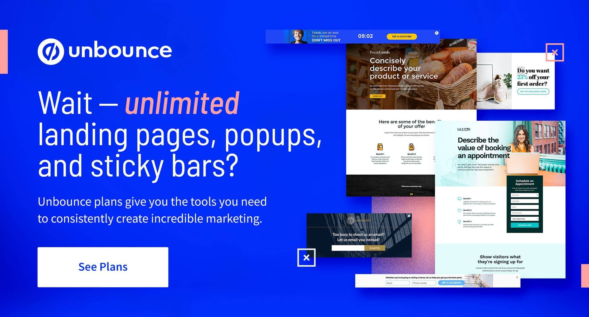 Unbounce advertisement: Blue background with text promoting unlimited landing pages, popups, and sticky bars. Example landing pages are displayed.