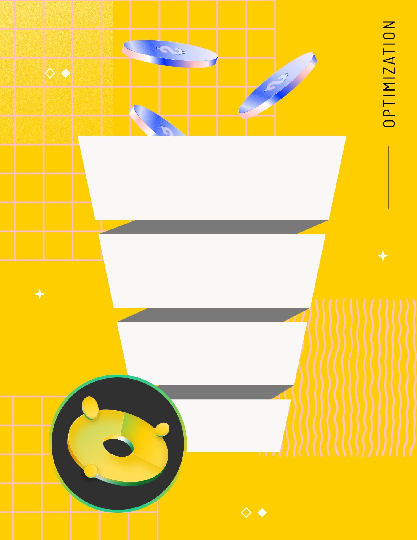 Funnel graphic on a yellow background with stylized coins falling into it. Bottom of the funnel has a logo. 