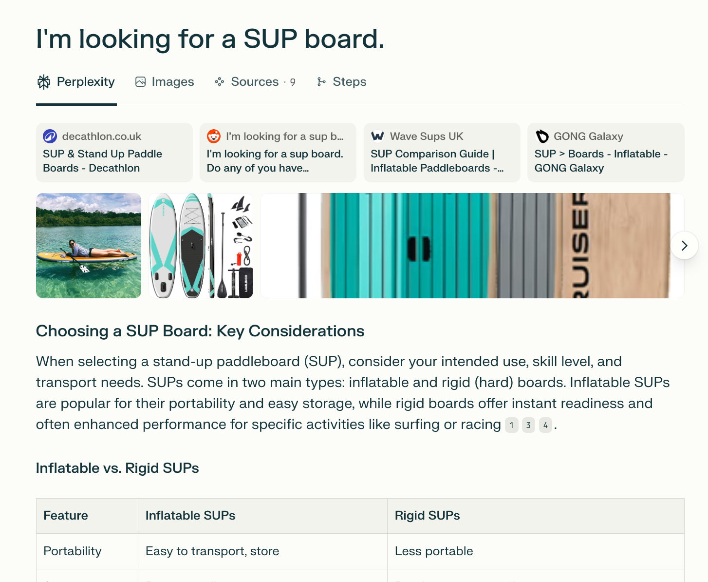 Webpage with search results for a SUP board, displaying information about inflatable vs. rigid SUPs.