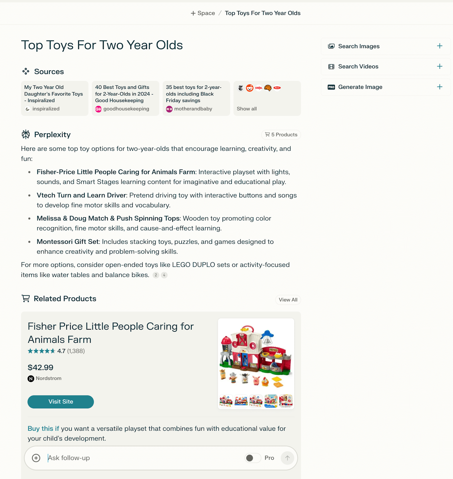 Webpage about top toys for two-year-olds, highlighting the Fisher-Price Little People Caring for Animals Farm.
