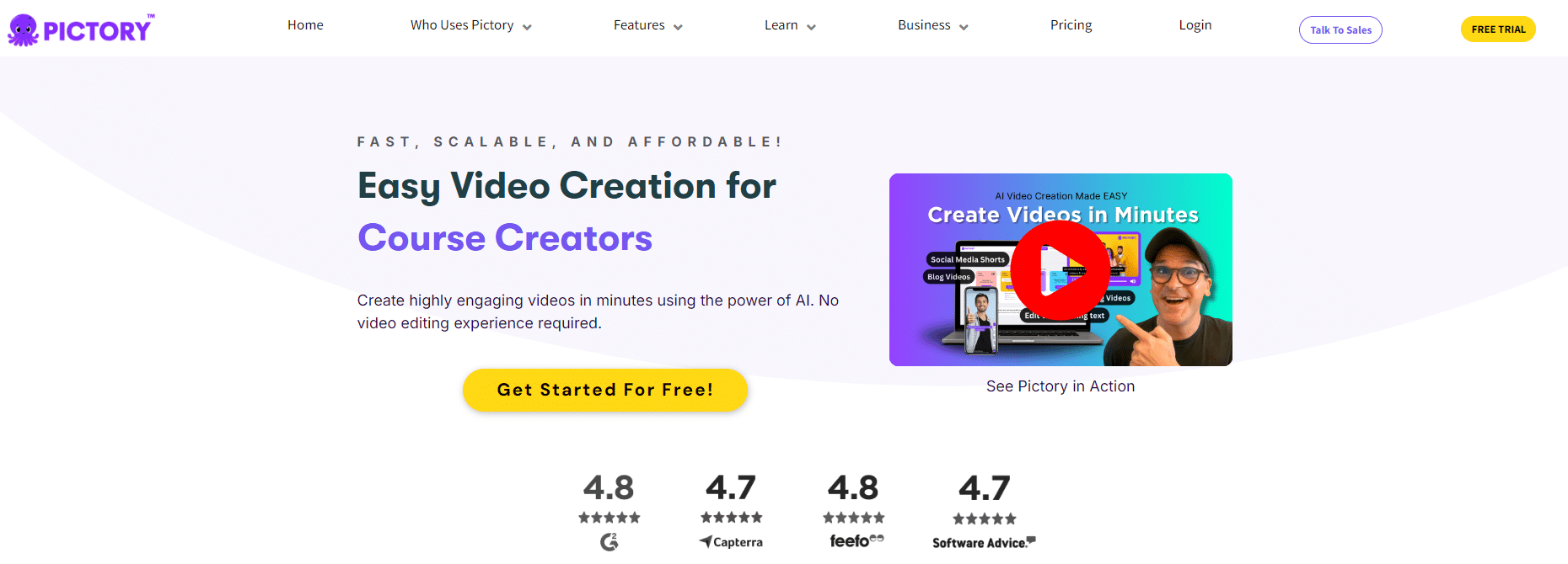 Website homepage: video creation for course creators, with a video demo and user ratings.
