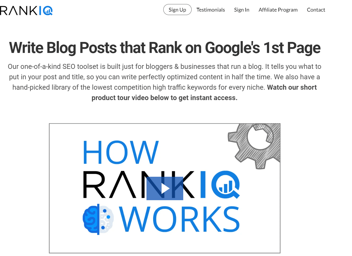 RankIQ website: helps bloggers rank on Google's 1st page with SEO tools and content. Video shows how RankIQ works.