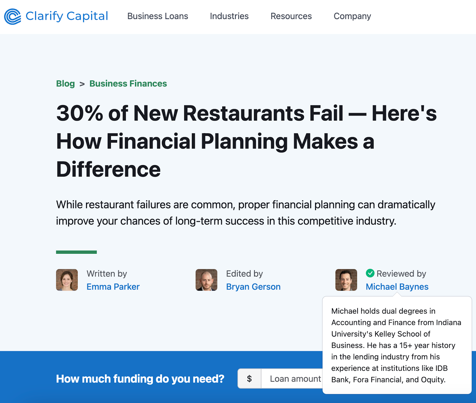 Webpage screenshot, an article about restaurant failures and financial planning.