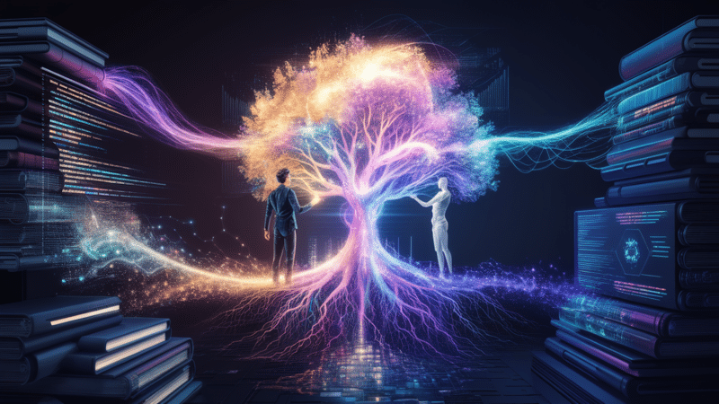 Two figures stand before a glowing tree, connected by colorful energy. Books line the sides, computers display data.