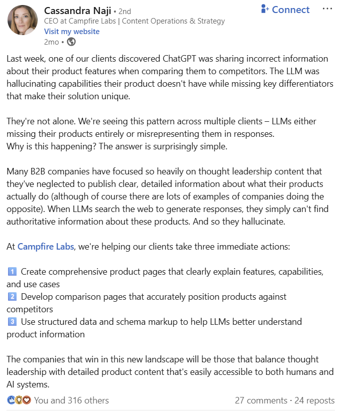 LinkedIn post by Cassandra Naji about ChatGPT providing incorrect product information, advising on improving product content.