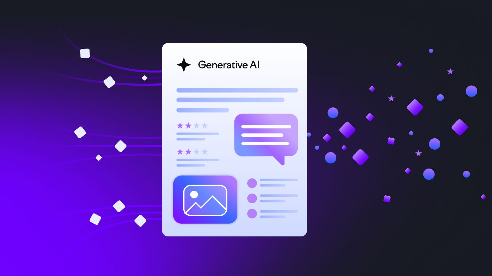 Generative AI document with text, chat bubble, and image elements against a purple and black background.