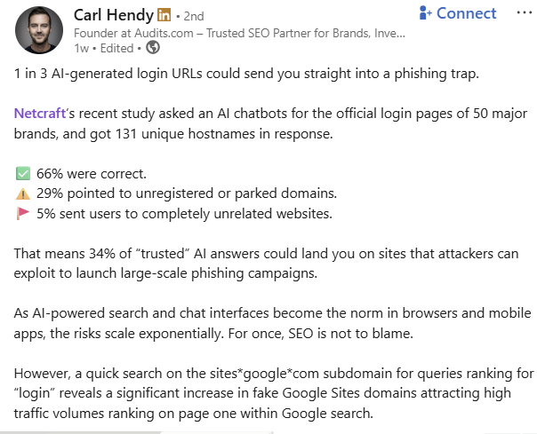 LinkedIn post showing a Netcraft study revealing AI login URL generation risks, with statistics and commentary on phishing.