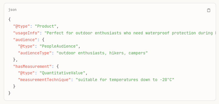 JSON code snippet describing a product, its target audience, and temperature resistance.