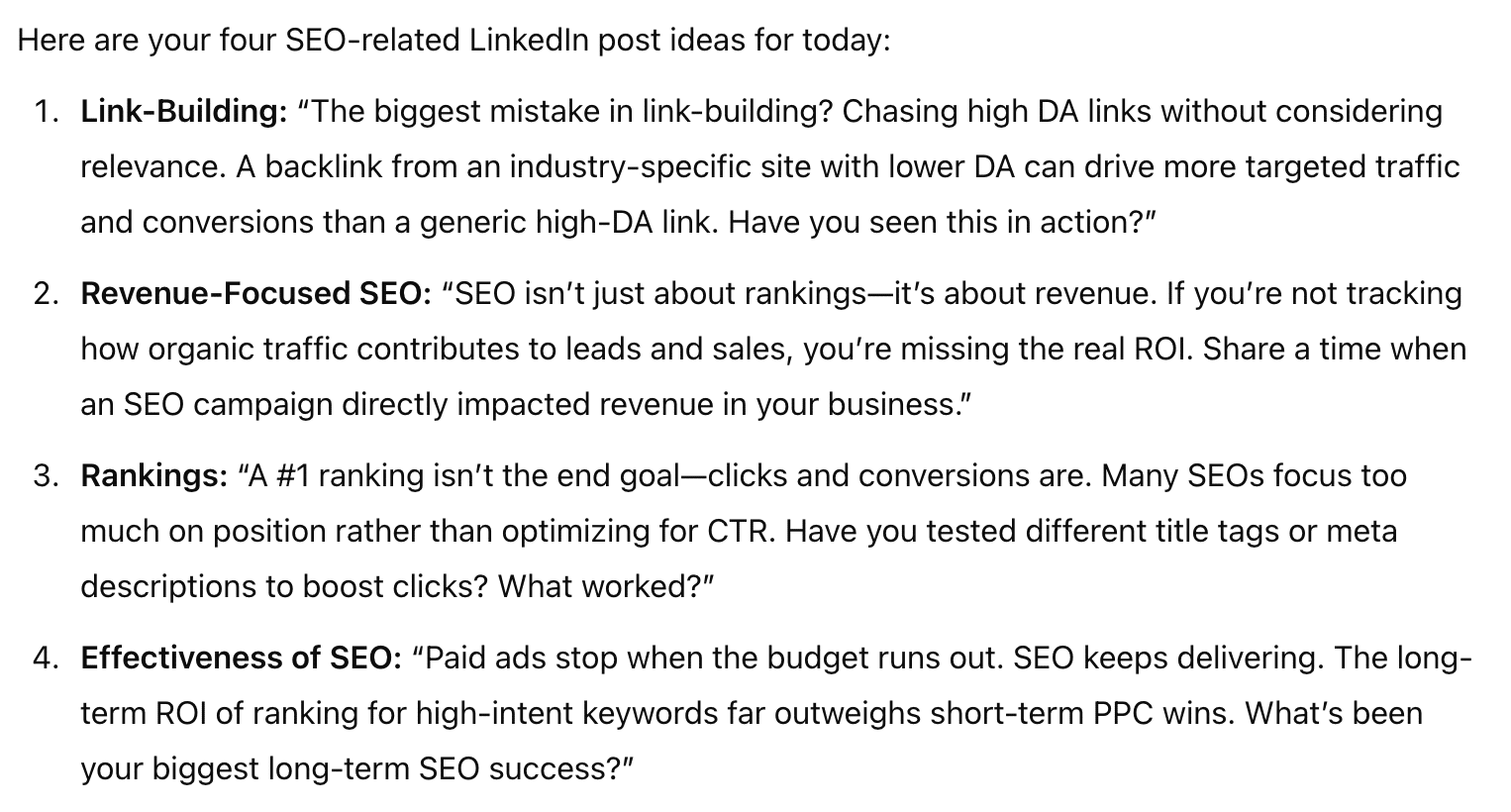 Four SEO-related LinkedIn post ideas. Topics: link building, revenue-focused SEO, rankings, and effectiveness of SEO. Text on a white background.
