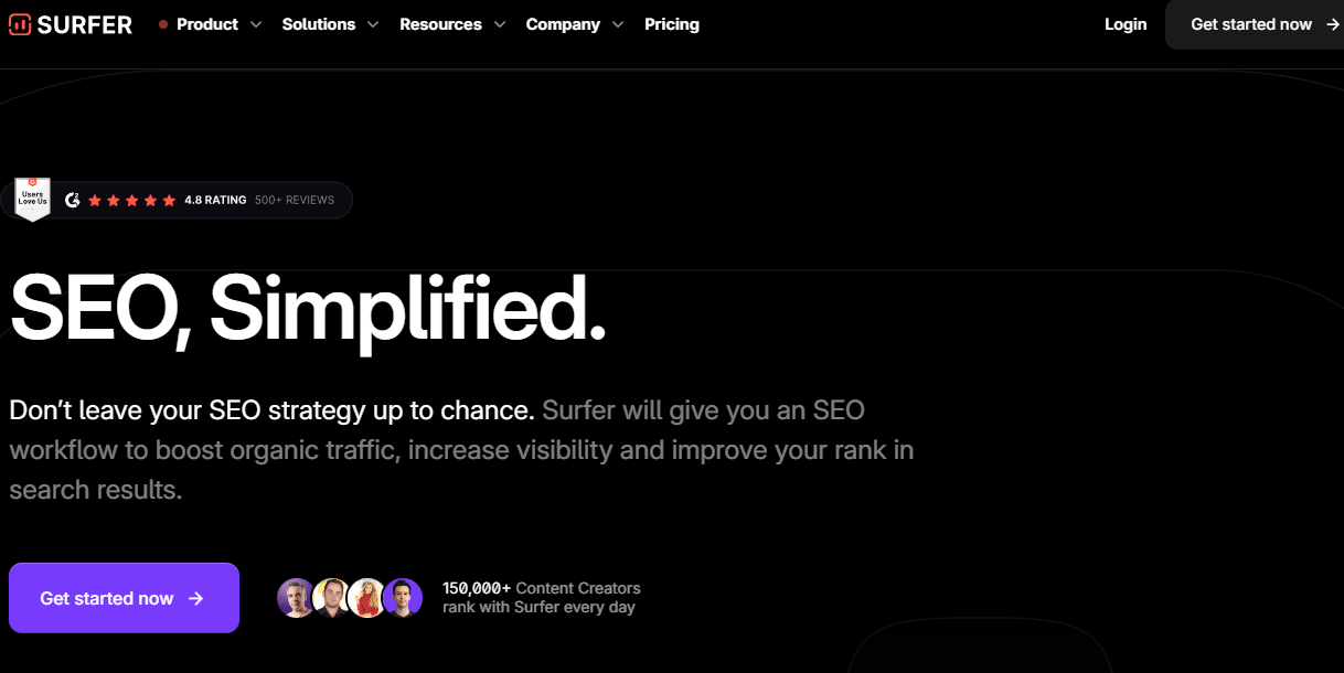 Surfer website landing page: SEO, Simplified. Black background with white text and purple call to action button.