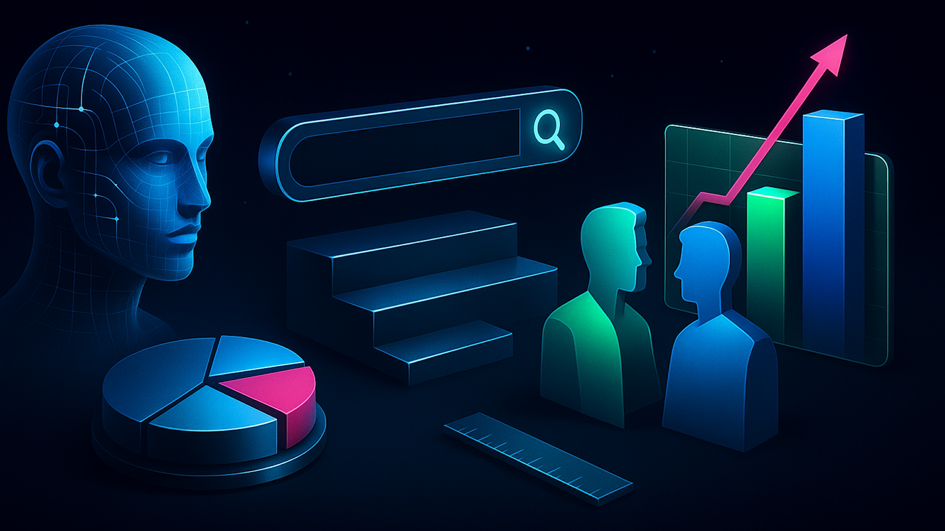 AI-generated graphic with a human-like head, search bar, charts, and silhouettes, depicting data analytics and growth.