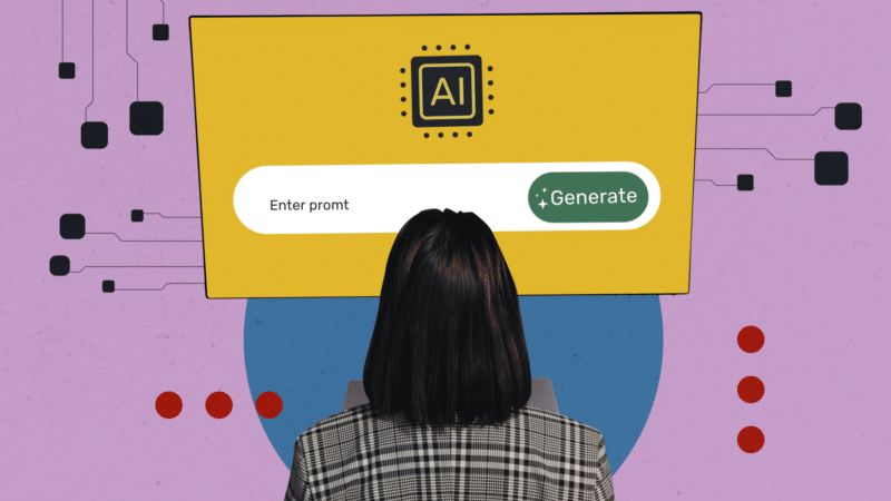 Woman using an AI prompt generator, yellow interface, black text, purple background.
