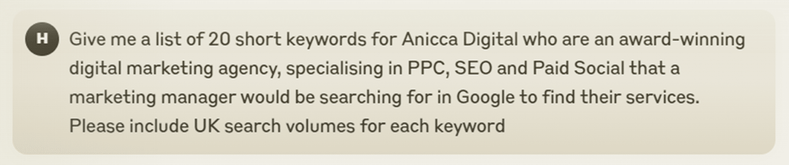 A request for a list of 20 short keywords for a digital marketing agency.