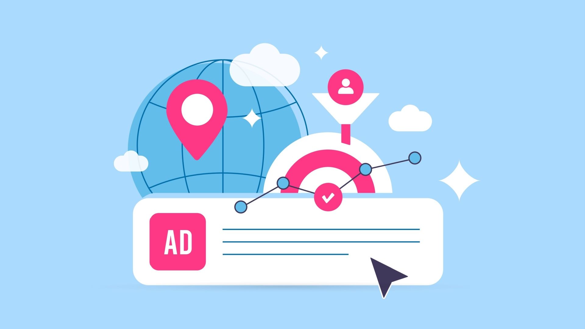 Digital marketing advertisement: Globe, target, funnel, and ad icon with pink accents.