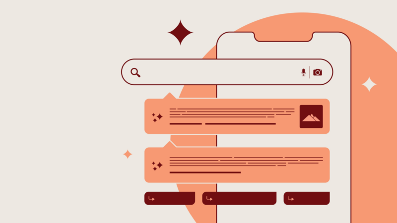 Smartphone interface showing search bar and two content cards in peach and white.
