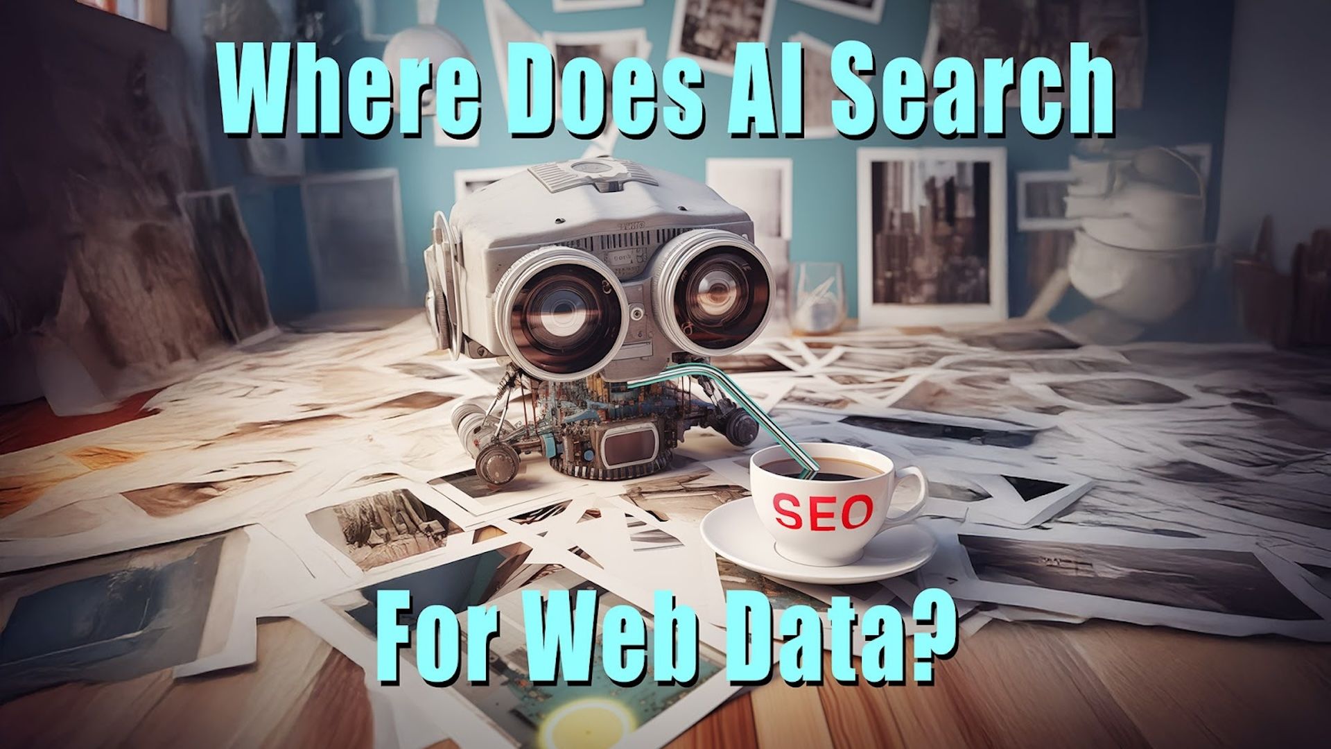 A cartoon robot with a cup labeled SEO surrounded by web data, asking